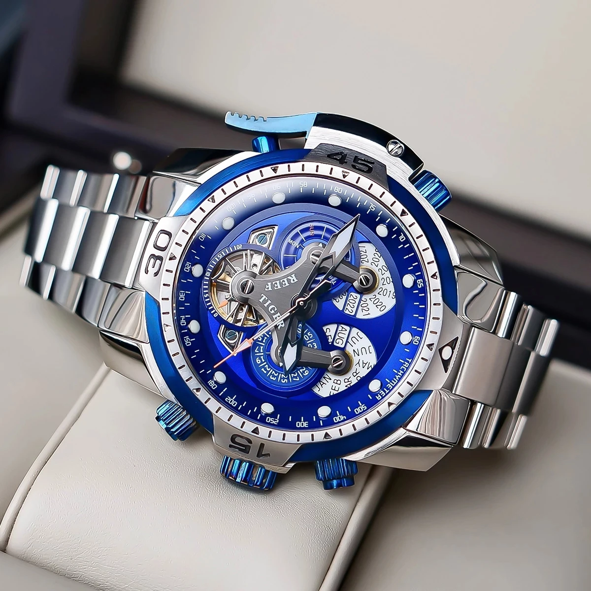 Reef Tiger/RT Men Multifunction Sport Mechanical Watch Calendar Date Complicated Blue Dial Automatic Watch Waterproof Clock