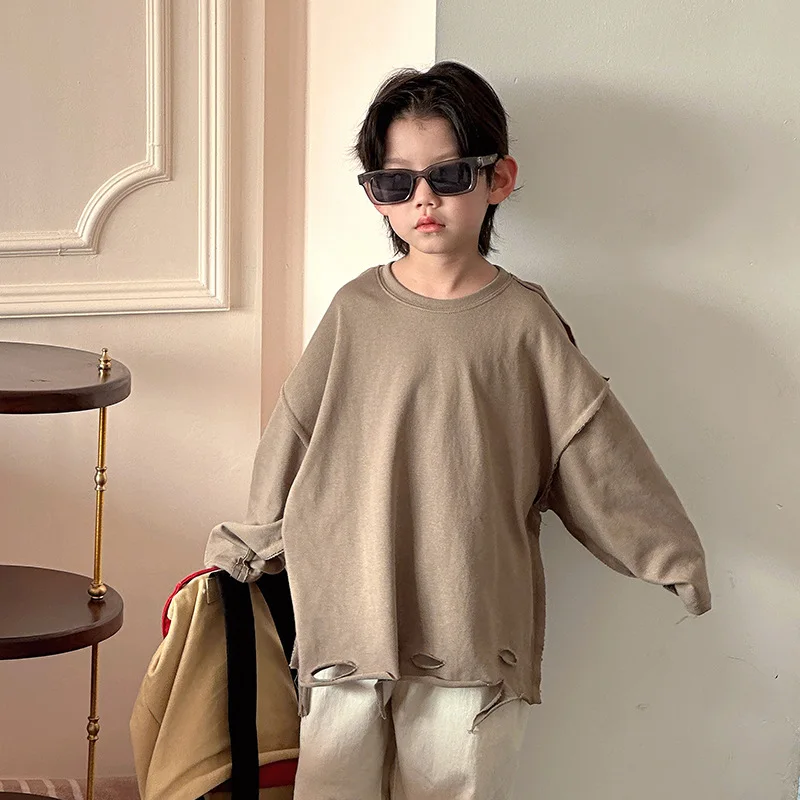 Children's T-shirt 2024 Spring and Summer New Children's Clothing Bottoming Shirt Children Ripped White Top Long Sleeve