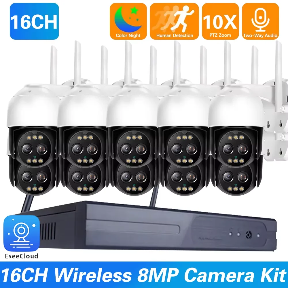 CCTV 16CH NVR Wireless Dual Lens Camera System 10X PTZ Zoom IP Camera 8MP 4K Security System Kit P2P Outdoor Surveillance Kit