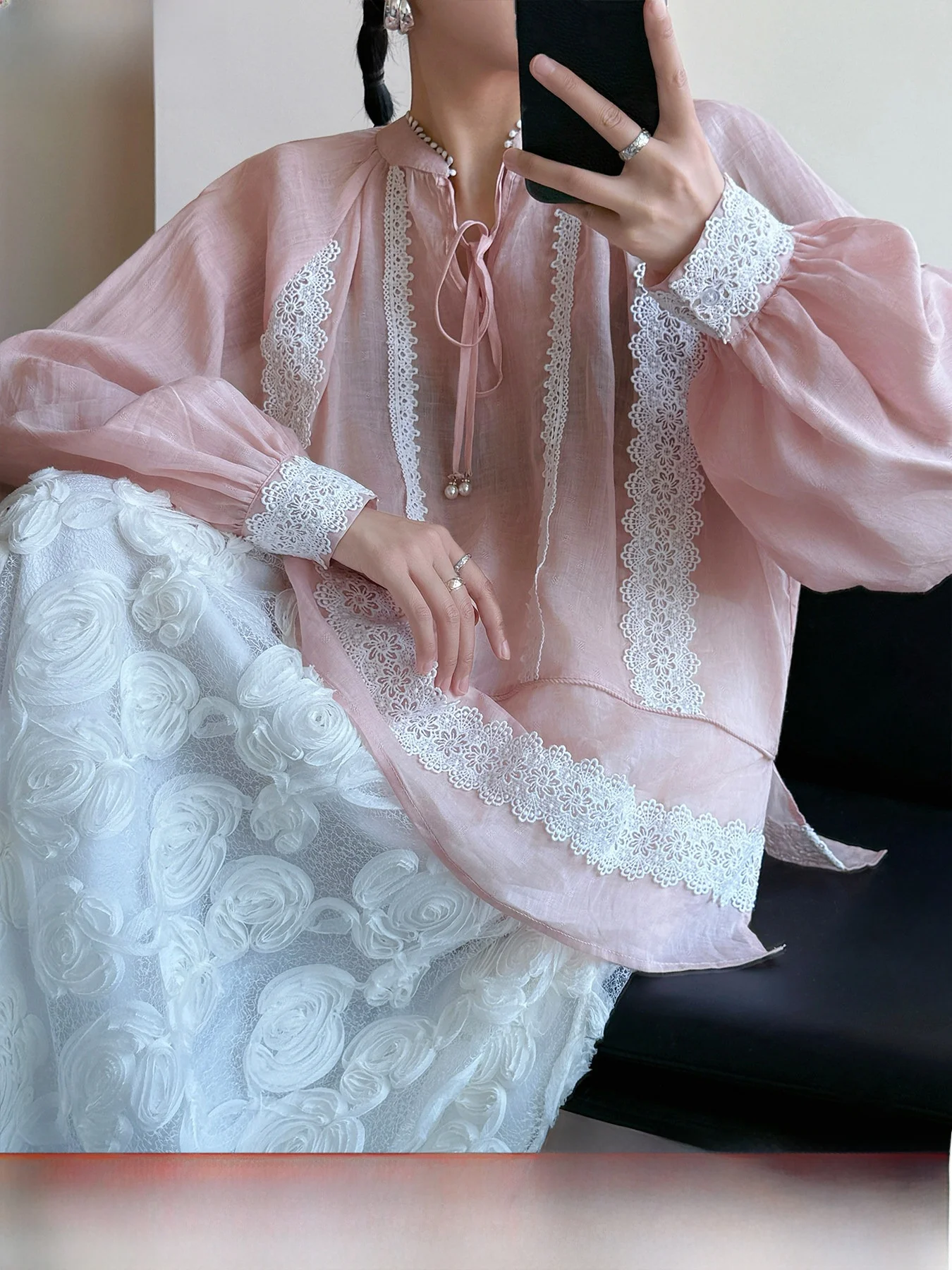 

Tasyavan Gentle Aesthetic! Retro Embroidered Lace Linen Shirt V-neck Bubble Sleeve Tassel Decoration Women's Fashion Spring 2026