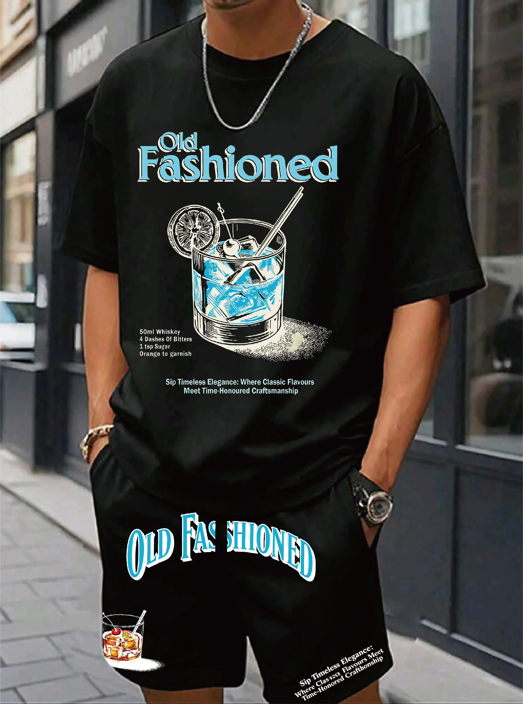 

Retro style black T-shirt Classic cocktail print and text Suitable for bar parties