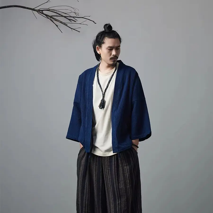 

Indigo Plant Blue Dyed Robe Heavy Sashiko Kendo Fabric Loose Casual Retro Jacket Shoulder Robe