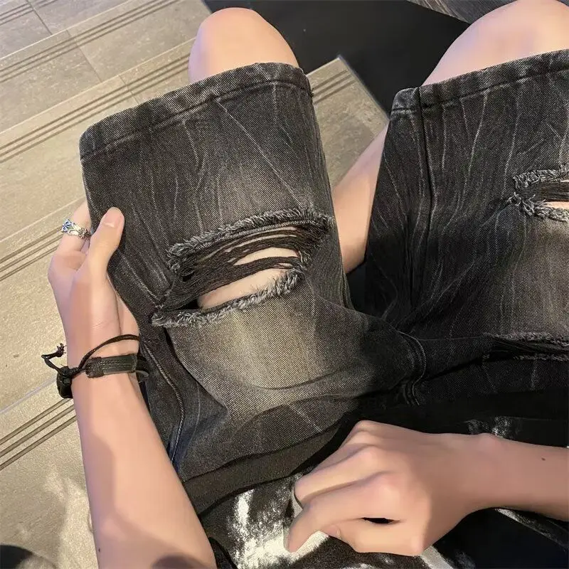 Celana Pendek Denim Robek Celana Lima Kuartal Olahraga Lurus Longgar Serbaguna Pria