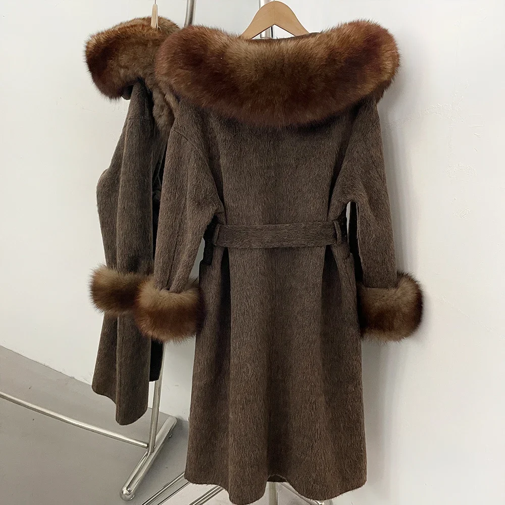 OFTBUY Wollmantel mit Echtfellkragen und Kapuze, Gürtel, 100% Wolle, Damen, Herbst/Winter, Luxus, Lange Kleidung mit Naturfell – Detail 28