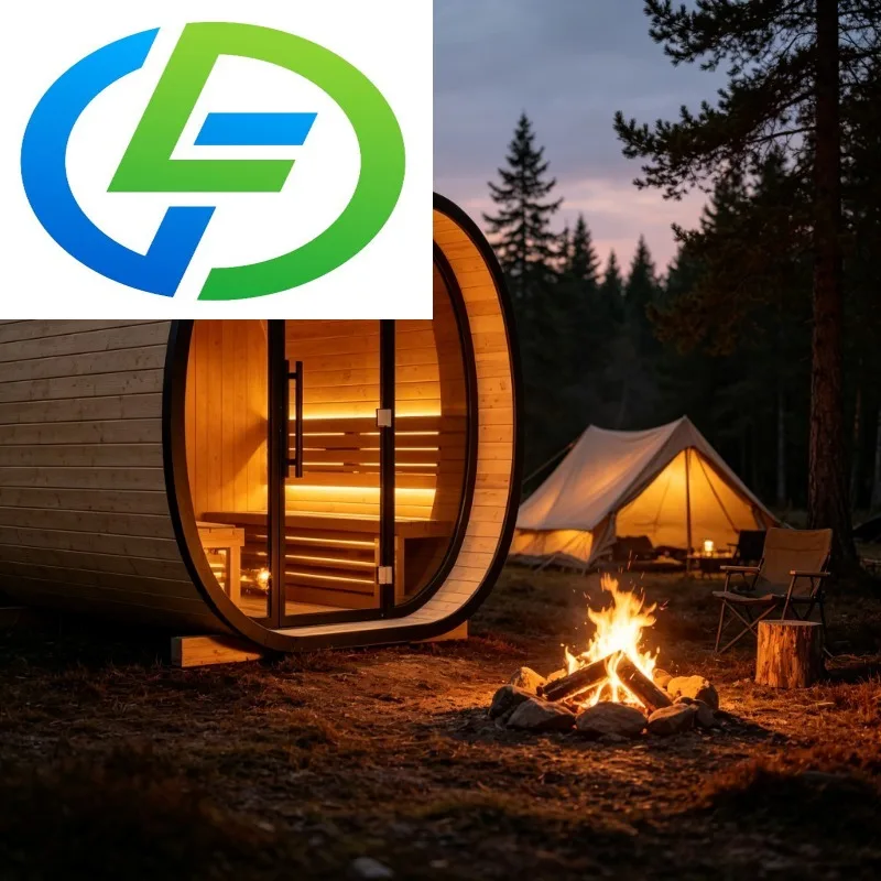 High End Wellness Cabin Custom, Single Piece Red Cedar Outdoor Barrel Sauna with Front Porch & Safety Control System