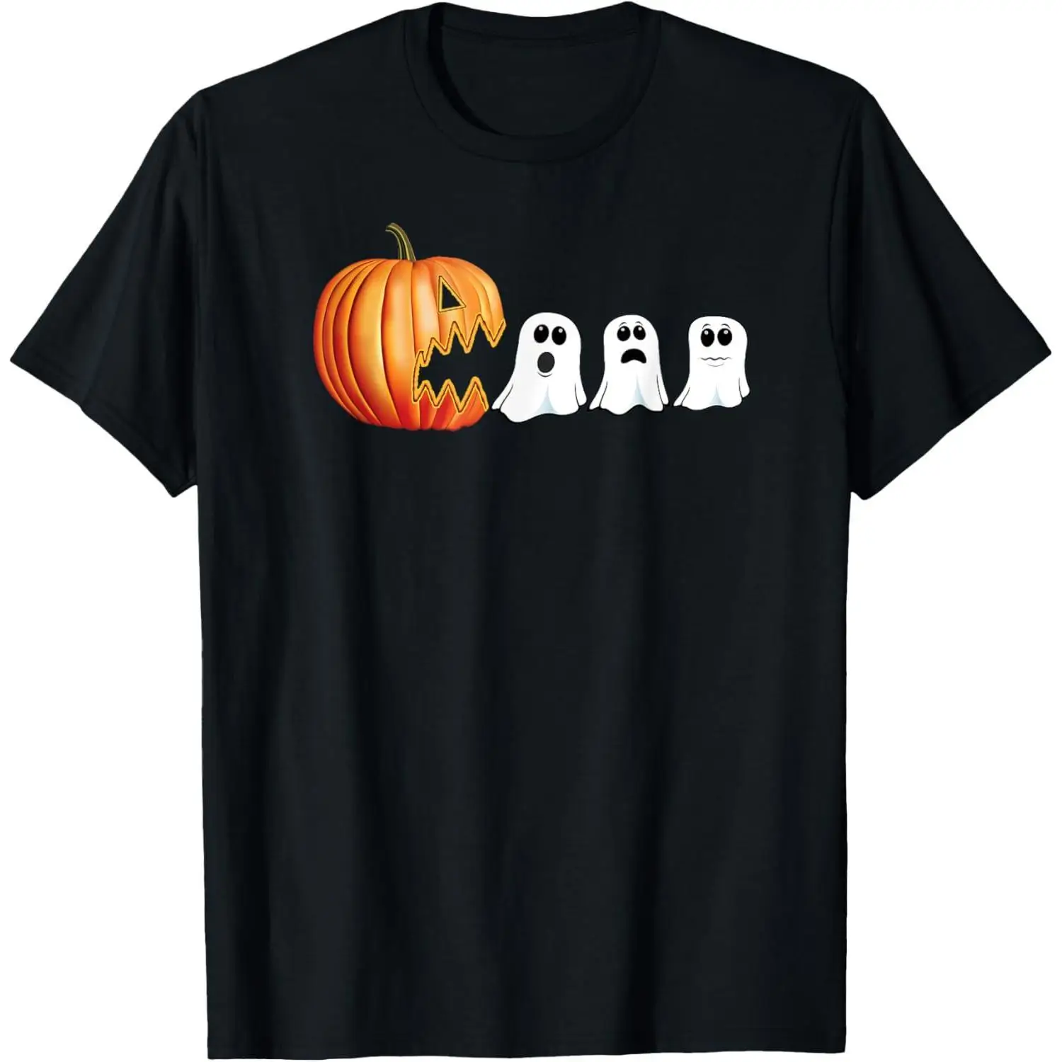 

Funny Halloween T Shirt Men Women Pumpkin Eating Ghost Cartoon Print Tops Casual Streetwear Hip Hop Graphic Tee