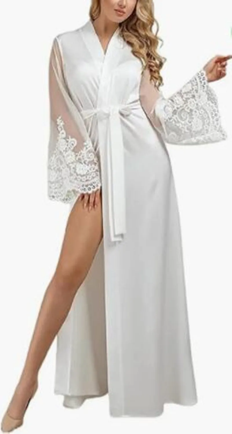 

Women's Wedding Star Dresses Kimono Robe Long Satin Bathrobe Soft Sleepwear with Lace Trim Silky Nightgown Bridal Robe