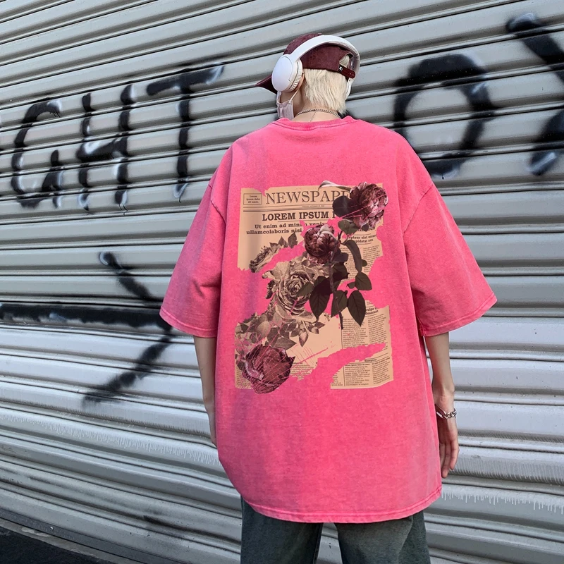 Trendy street style Rose flower poster printing washed distressed cotton short-sleeved oversize M-5XL high street loose T-shirt