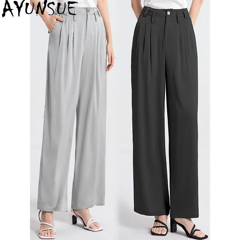 AYUNSUE 95% Silk Women's Pants and Trousers High Waist Wide Leg Pants for Woman Solid Color Commuting Woman Clothes Summer 바지