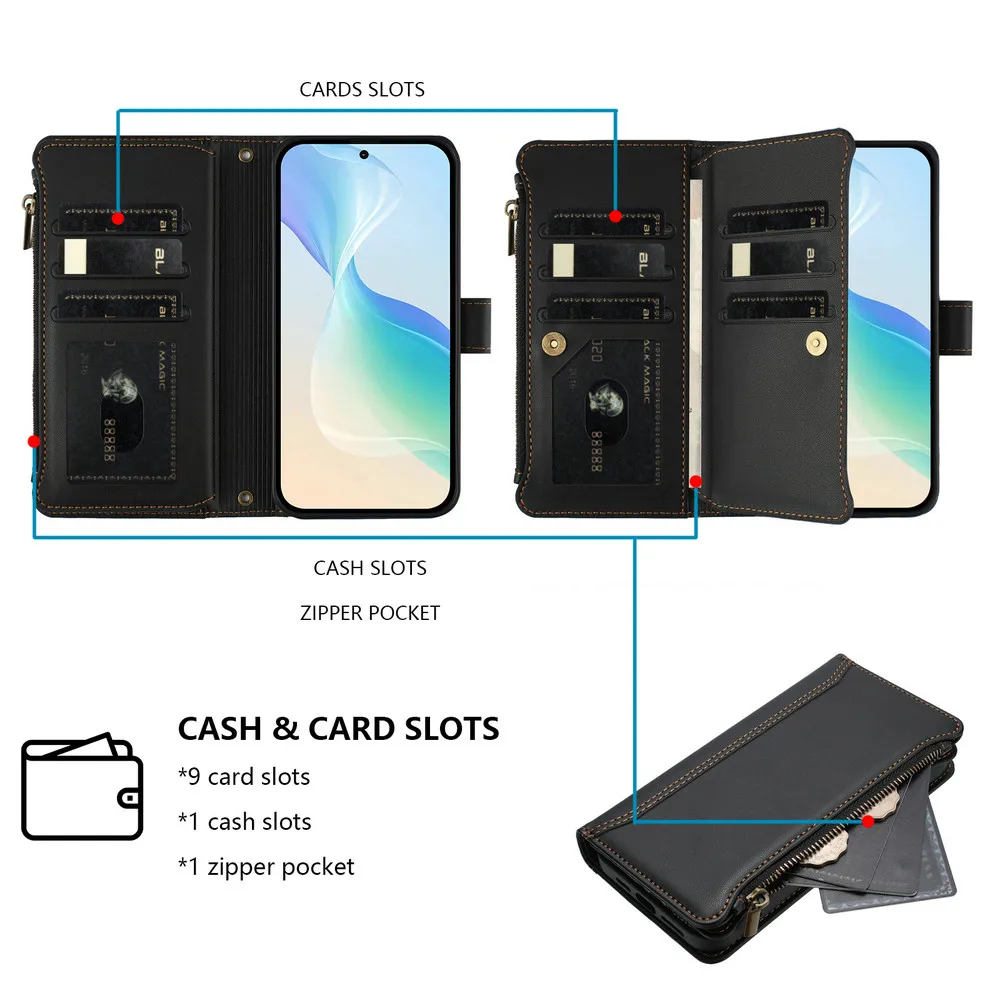 For Xiaomi 17 Pro Max 5G 2025 Flip Case Crossbody 9-Card Zipper