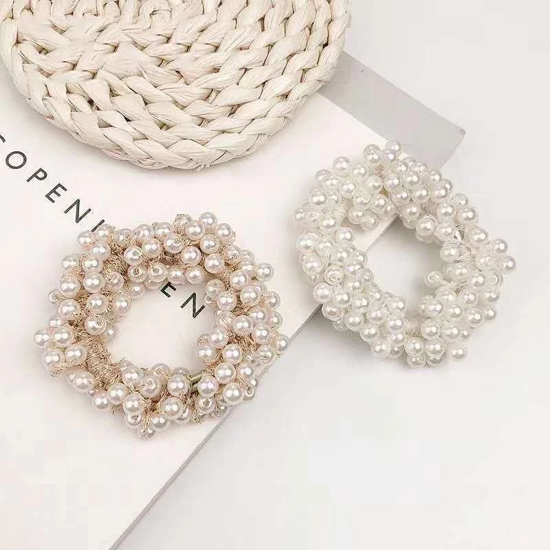 Faux Pearl Beaded Hair Tie Elegant Hair Rope Rhinestone Hair Ring Elastic Ponytail Holder Hair Accessories For Women