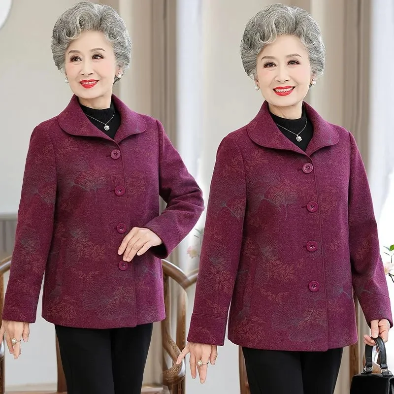 Korean Femme Fashion Long Sleeves Jacket Middle Aged Mother Casual Woolen Coat Spring Autumn Ladies Large Size 6XL Blend Outwear