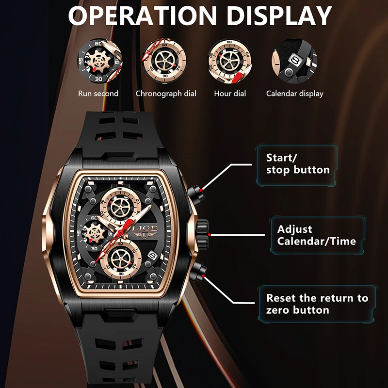 LIGE موضة جديدة سيليكون ساعة مربعة الرجال العلامة التجارية الفاخرة العسكرية الطلب الكبير الرجال ساعة رياضية مقاوم للماء كوارتز كرونوغراف