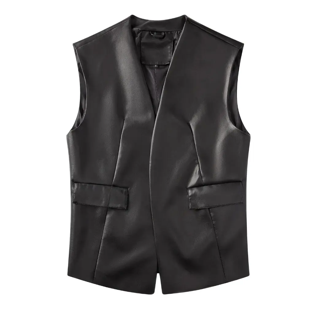 

plus Size Women's Sleeveless PU Leather Vest Loose Fit European American Style Short Cardigan Coat for Women