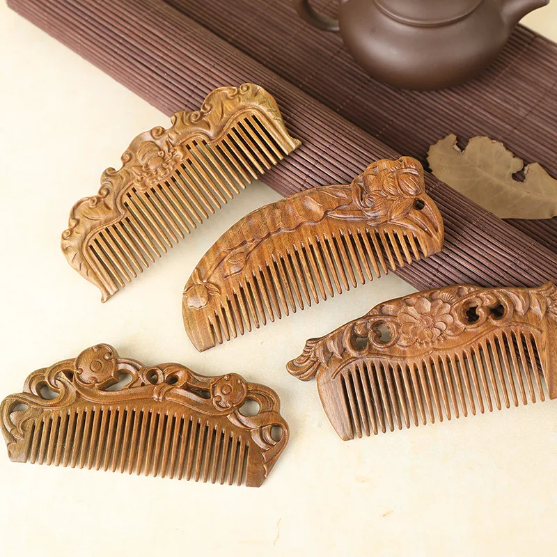 

Natural Wood Comb 12.5cm Green Sandalwood Anti-Static Massage Exquisite Double Sided Carved Wooden Hair Comb Gift for Girlfriend