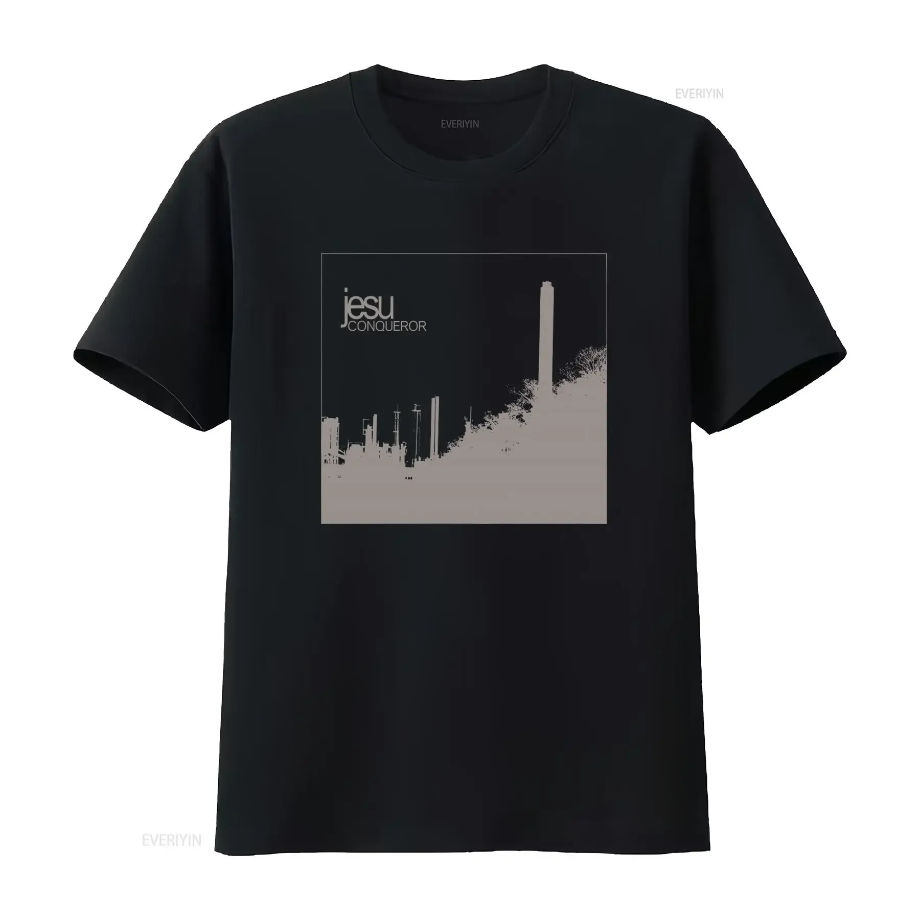 T-shirt officiel Jesu Conqueror pour homme, design urbain élégant, motif vintage délavé, haut graphique pour le quotidien, streetwear extensible