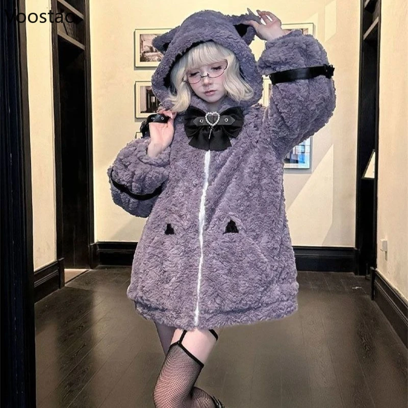 

Autumn Winter Japanese Kawaii Lolita Hooded Coat Oversized Casual Cat Ears Plush Jackets Fashion Warm Tops Women Sweet Outwear