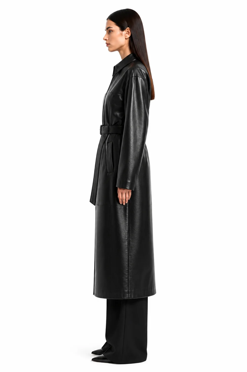 Women's Long Faux Leather Trench Coat with Classic Shirt Collar and Belted Waist