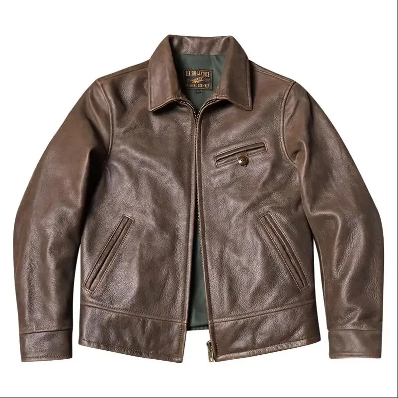 Shop Best. Chaqueta de cuero genuino Vintage marrón de los años 40 para hombre. Abrigo de piel de vaca de lujo italiano. Tela natural ajustada de calidad