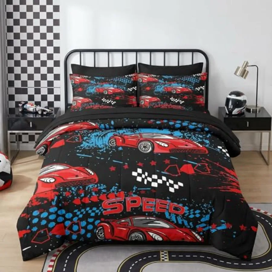 

5 Pcs Comforter Set Size Red Black Sports Car Bedding for Teen Auto Race Bed Sheet with Pillowcase and Sham