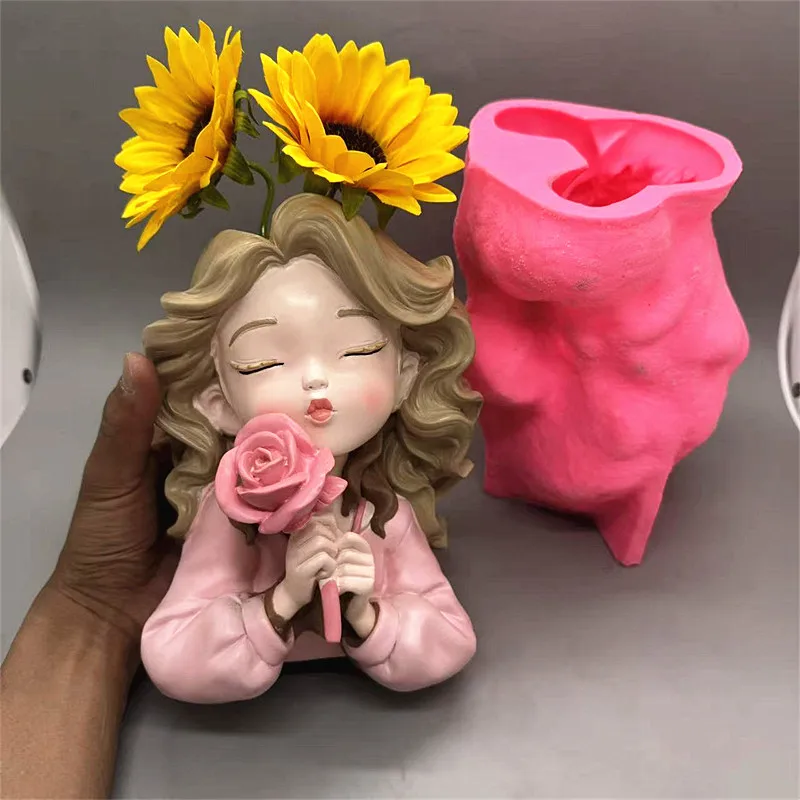Hand Held Rose Girl Flower Pot Silicone Mold DIY Used to Make Gypsum Resin Cement Crafts Balcony Ornaments