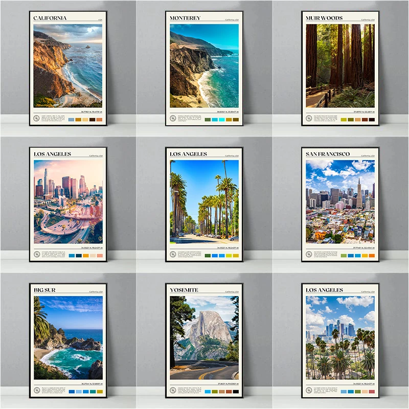 Póster de paisaje de viaje de California, media cúpula, Playa Larga, Yosemite, Muir, maderas, pintura en lienzo, arte de pared, imagen, oficina, decoración del hogar