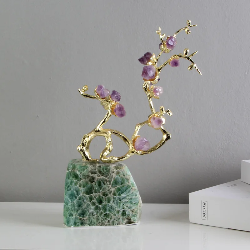 

Natural Amethyst Brass Tree Ornament Lucky Handicraft Ornaments Crystal Tree Simulation Plant Sculpture Home Decoration