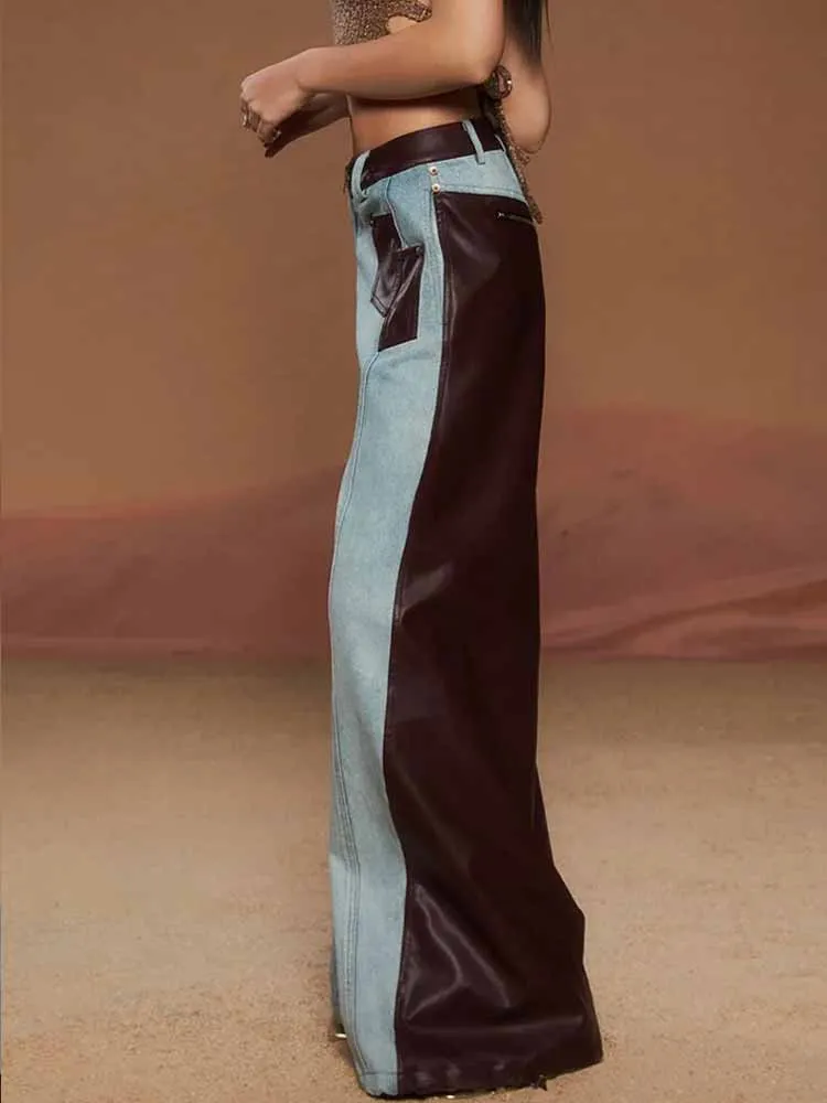 Celana Jeans Wanita MCDV Unik Model Patchwork Kulit 2025 Fashion Denim High Waist Ritsleting Warna Kontras Celana Kaki Lebar Vintage Street