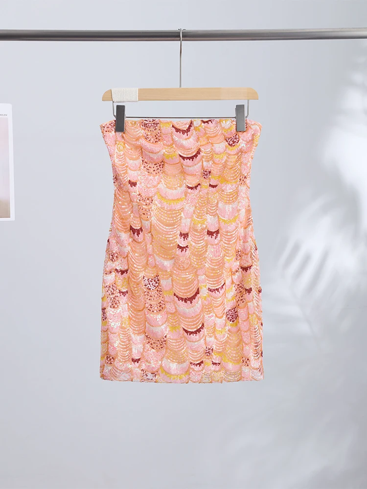 Paillettenbesetztes Trägerloses Mini-Bodycon-Kleid Sexy Ärmelloses Rückenfreies Taillenschnürendes Hüftbetontes Kleid Glänzendes Damen-Partykleid – Detail 2
