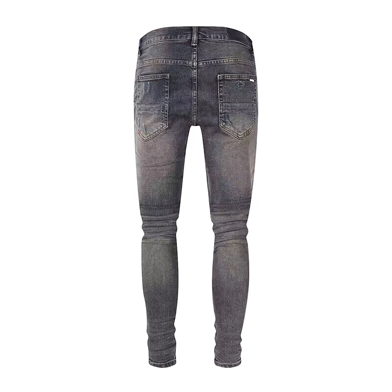 Y2K designer's new men's jeans elastic patch leather jeans high street fashion hip-hop brand washed black gray pants hombre