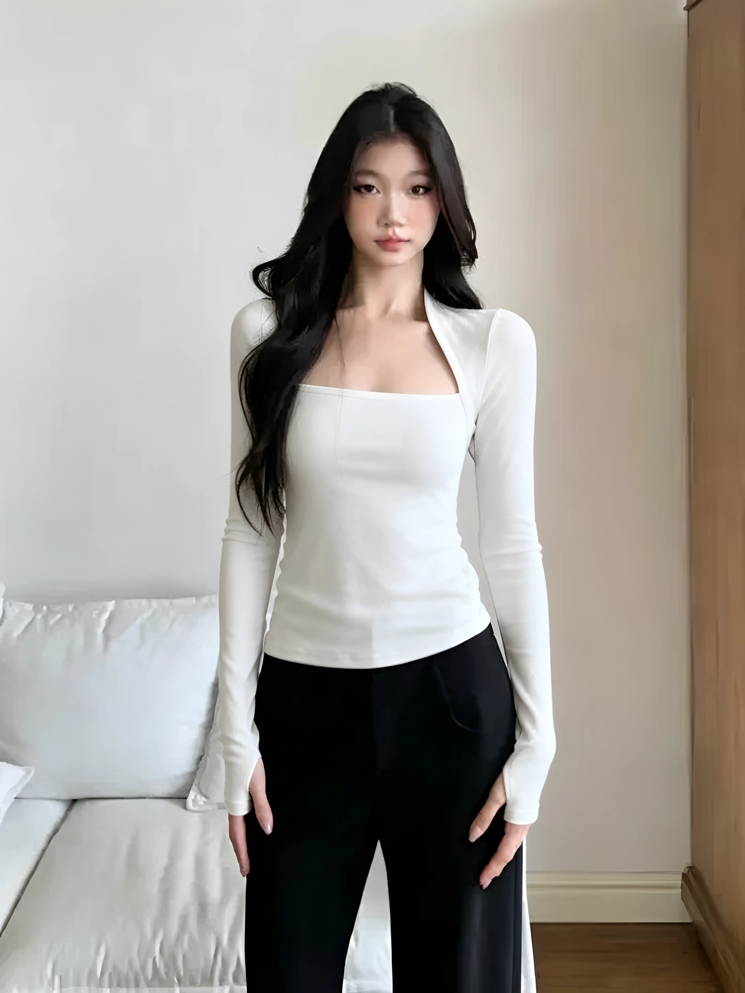 Spring Autumn 2026 Women's Slim Fit Long Sleeve T-Shirt Square Collar Base Shirt Sexy Shoulder Level Top Commute Style Korean...