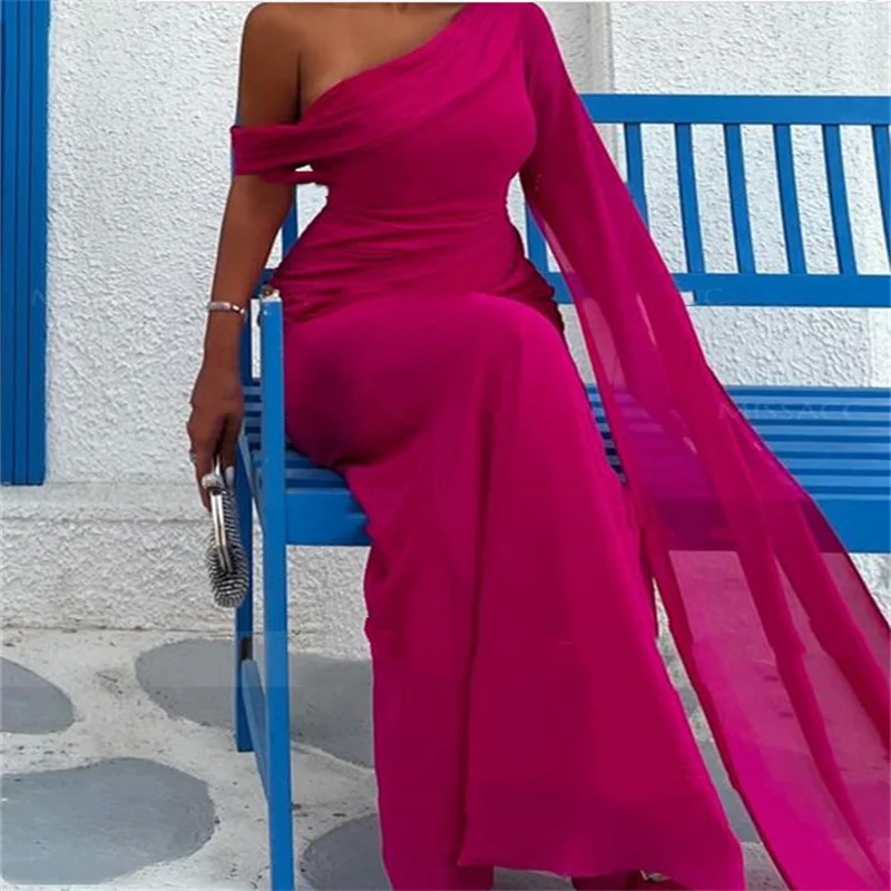 

Dubai Long Evening Dresses Purplish Red Prom Dresses 2025 Chiffon Wedding Party Dress One Shoulder Women's Prom Dress New