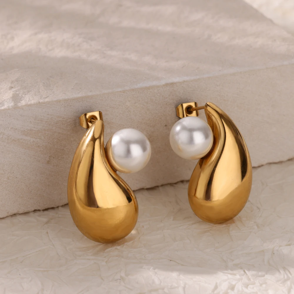 

Luxury Imitation Pearl Drop Earrings For Women Gold Color Drop Stainless Steel Earring Fashion Wedding Party Jewelry Gifts