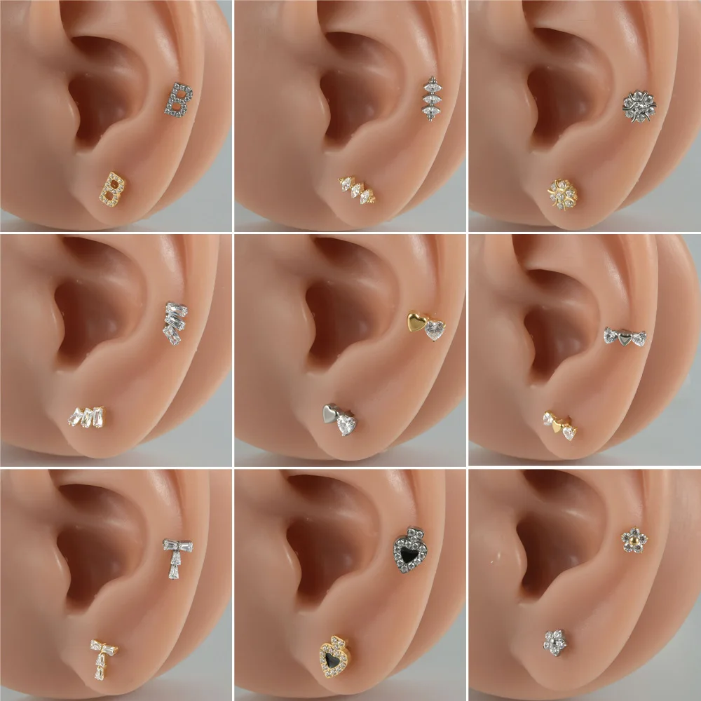 1PC ASTM F136 G23 Titanium Flower Zircon Earrings Stud Internal Thread Lip Studs Tragus Helix Cartilage Labret Piercing Jewelry