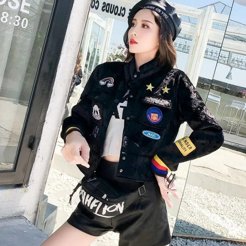 Spring Gold Velvet Short Personalized Embroidered Top European American Fashion Stand-up Collar Baseball Uniform Slim Fit