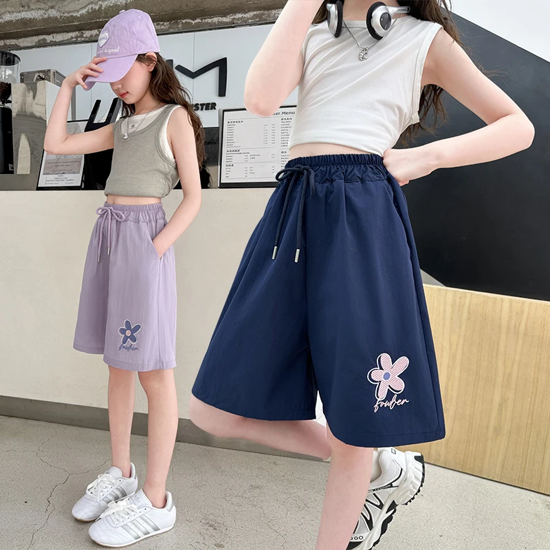 Kids Child Summer Quick Dry Ice Silk Shorts with Florwer Embroidery For Tweens Girls Casual Knee Length Drawstring Pants Navy