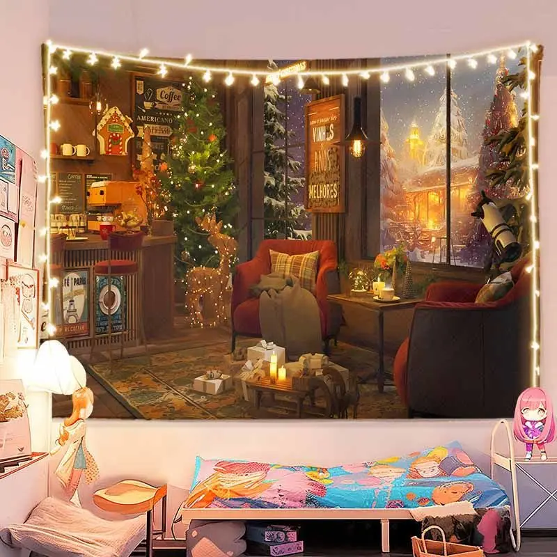 VIKAMA Christmas Cafe Interior Wall Tapestry Coffee Shop Tree Red Armchair Window Snow Telescope Warm Cozy Holiday Decor Cute