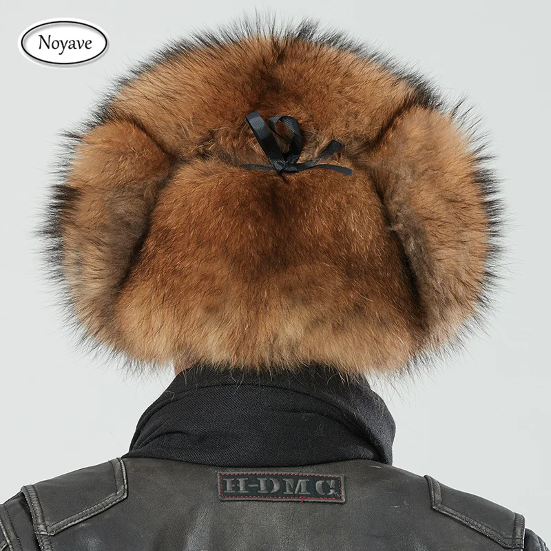 Luxury Fur Hats for Men\'s Lei Feng Cap Aviator Bombr Warm Cap Man Aki Hats 100% Fox/Raccoon Fur Hat Caps Real Leather