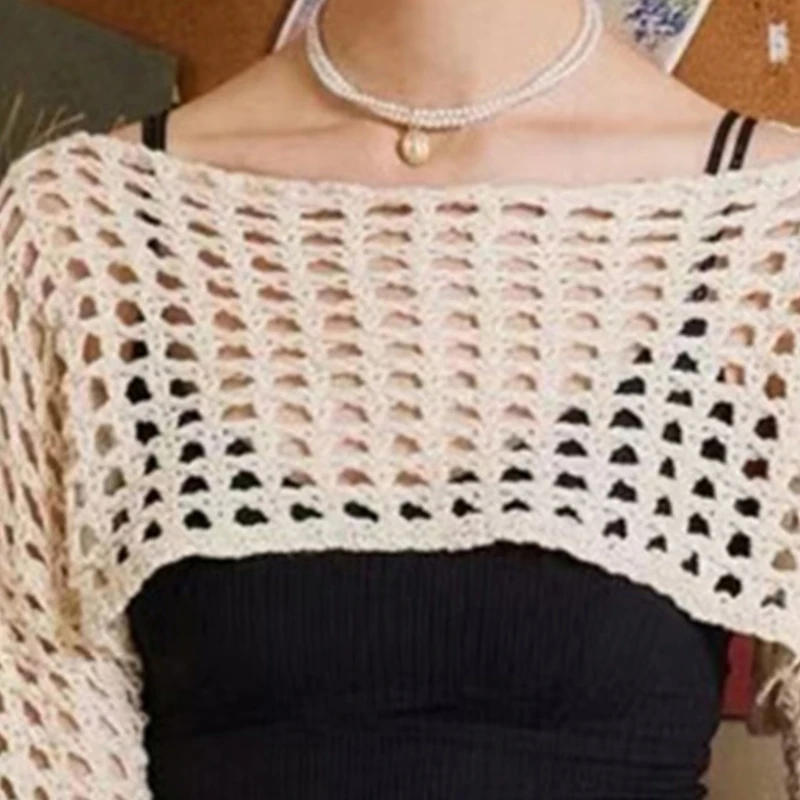 Womens Crochet Knit Crop Top Pullover Sweater Long Sleeve Hollow-Out Y2k Shirt