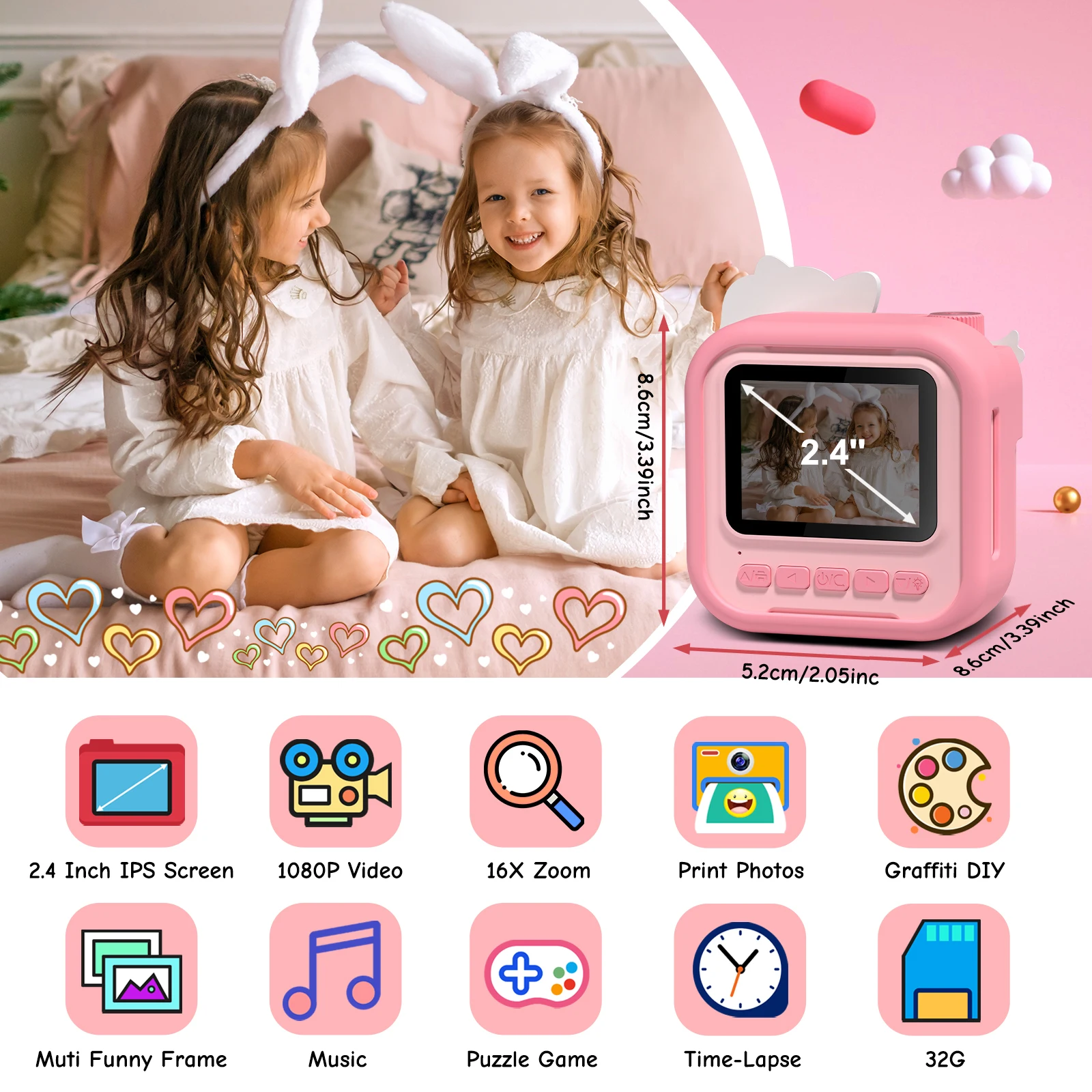 Cámara instantánea Gofunly para niños, cámara de serigrafía HD IPS de 12MP 1080P para niños, cámara instantánea de 2,4" con tarjeta 32G