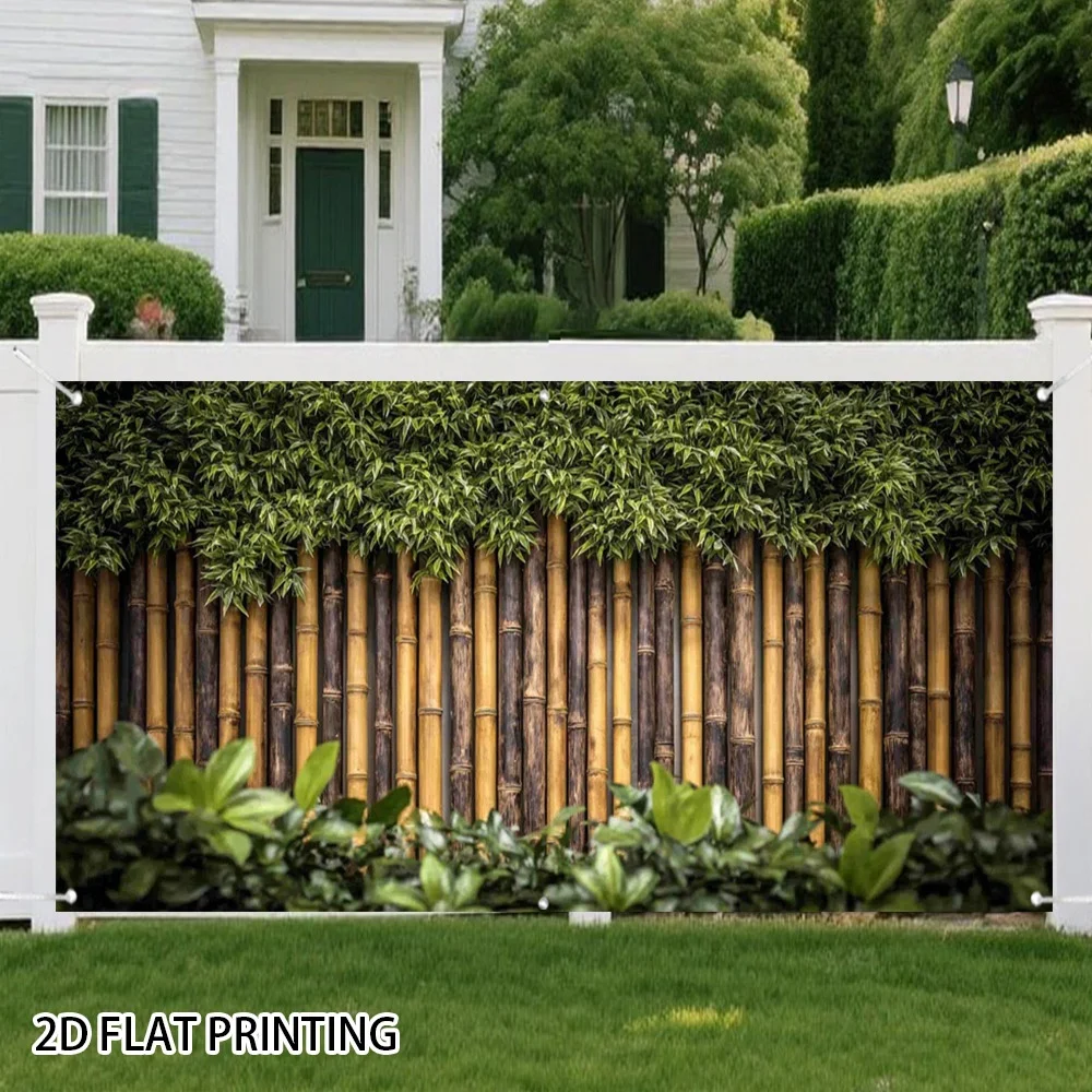 Bamboo fence panels with berry garage door banner - Easy-to-install decorative item