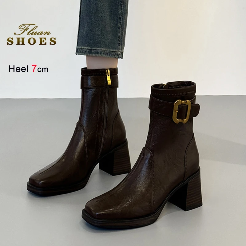 

Cow Leather Short Boots For Woman 7CM High Heels Autumn Winter Square Toe Women Versatile Fashion Shoes Side Zipper Ankle Boots