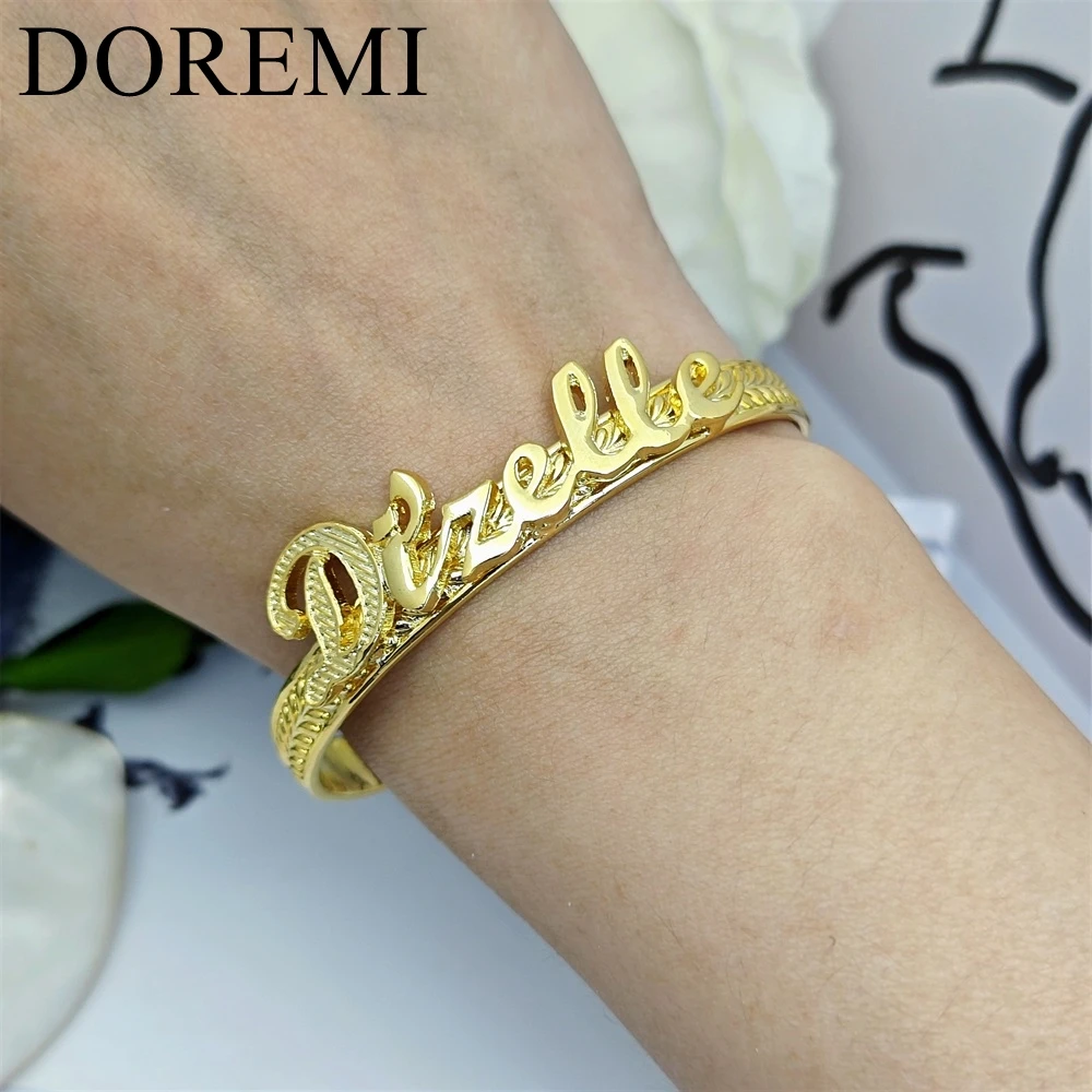 DOREMI Children's Kid's Personalized Character Girls Bangle Gold Leaf Custom Letter Name Cuff Designer Bangle Bracelet Jewelry