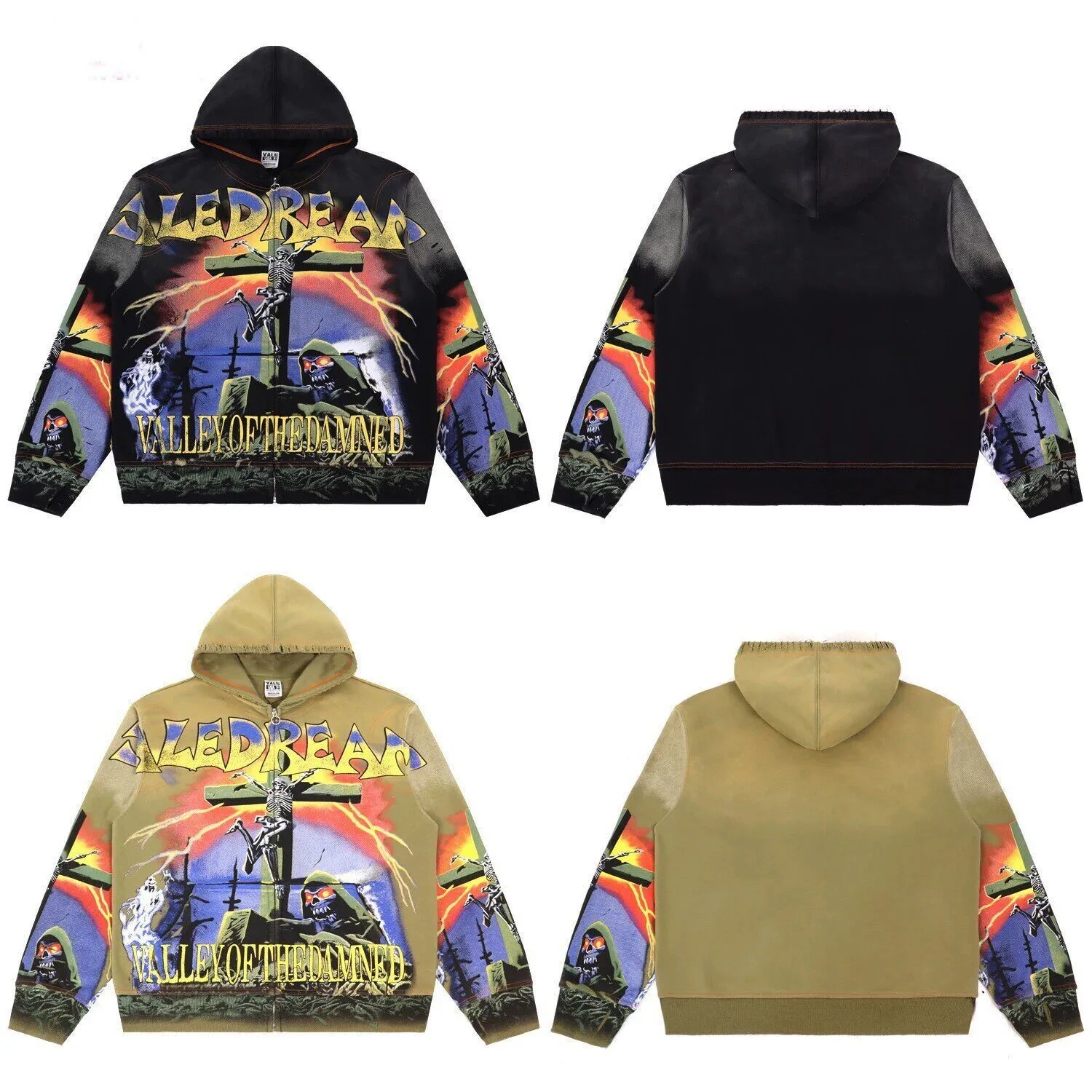 Vale Forever Valley Vintage Washing Old Cardigan Hooded Sweater Men's and Women's Heavy Industry Full Print Casual Zipper Jacket