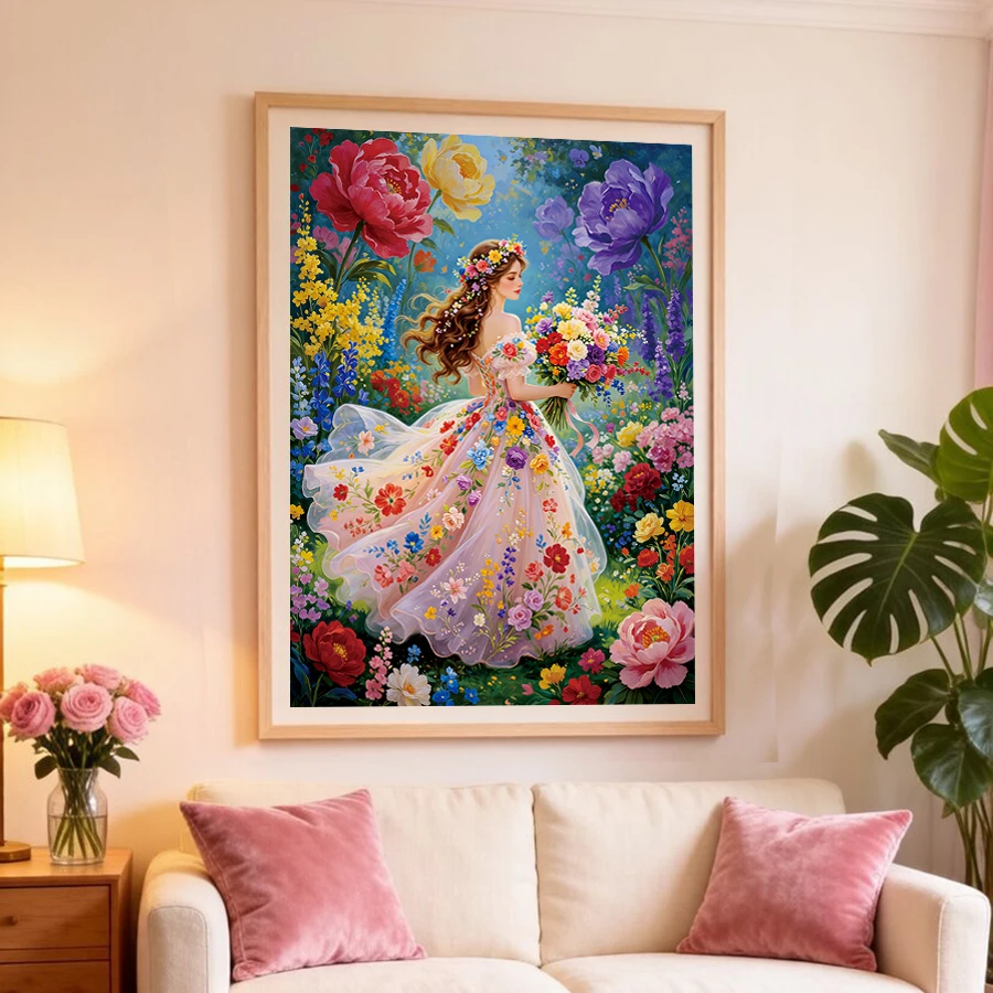 Flower Fairy Girl Holding Bouquet Oil Painting Style Cross Stitch Kit, DIY Printed Embroidery, Flower Fairy Decoration for Bedroom and Living Room, Beginner-Friendly Small Handmade Material Pack