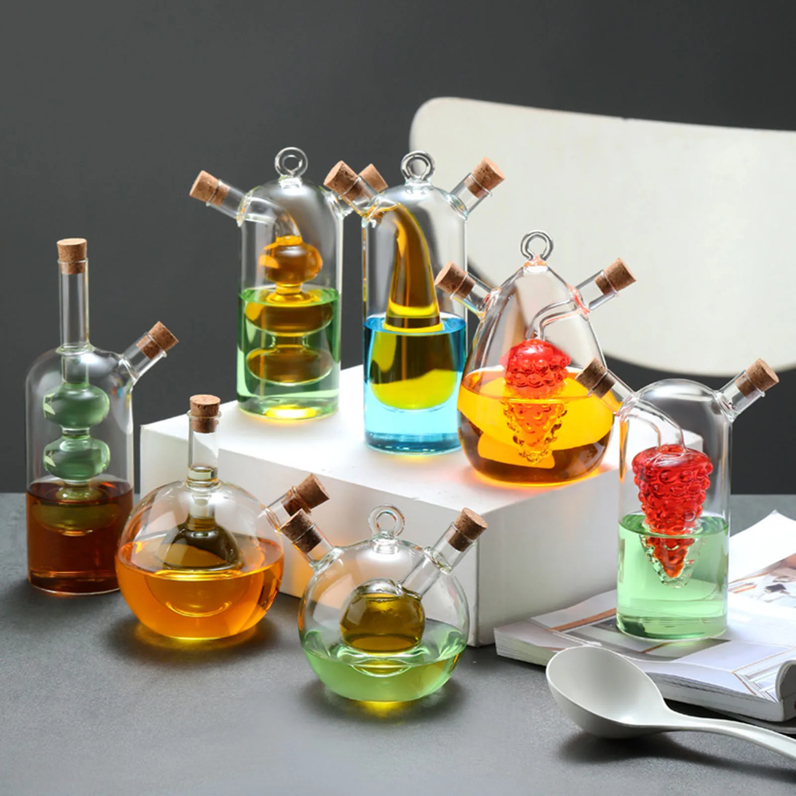 Glass Olive Oil Bottle Cruet Glass Sauce Bottle 2 in 1 Oil Dispenser Kitchen Oil Dispenser Kitchen Cooking Container