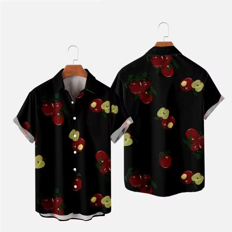 

Men's Casual Shirt Hawaiian Apple Print Aloha Black Shirt Creative Summer Vacation Beach Tops for Men and Women