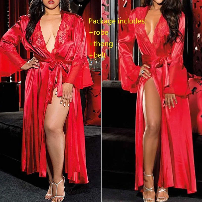 2023 Satin Kimono Robe longa dama casamento Bath Robe com guarnição do laço M-6XL roupão banho