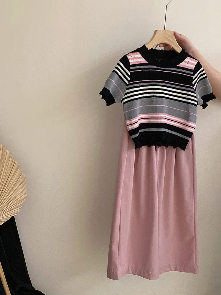 

Girls' Summer Ripped Short Sleeve Striped Set2025New Summer Fashionable Children's Clothing for Big Kids