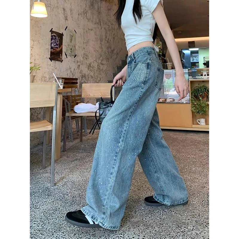 여성 빈티지 배기 라인스톤 맘 진 2025 가을 Y2K 하라주쿠 와이드 레그 데님 팬츠 2000년대 사이버 펑크 그런지 트라우저